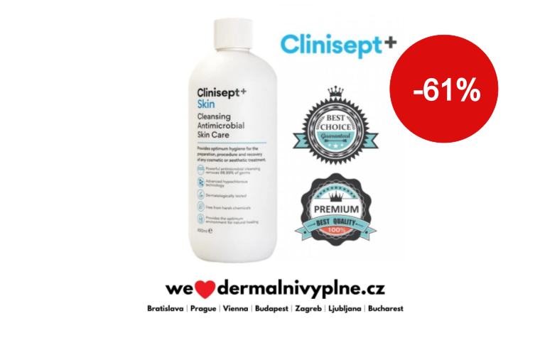 CLINISEPT+ ANTIMICROBIAL SKIN CARE - RYCHLE PŮSOBÍCÍ REVOLUČNÍ ANTIMIKROBIÁLNÍ ROZTOK pro čištění pleti PŘED A PO ESTETICKÝCH ZÁKROCÍCH, 490ml - 617 Kč