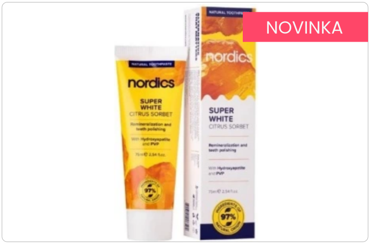 Nordics Reminelizační Super White citrusový sorbet s tekutou sklovinou zubní pasta 75 ml - 105 Kč