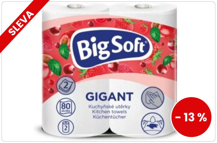 Big Soft Gigant 2vrstvé kuchyňské papírové utěrky, 2× 80 útržků, 2 role - 31 Kč