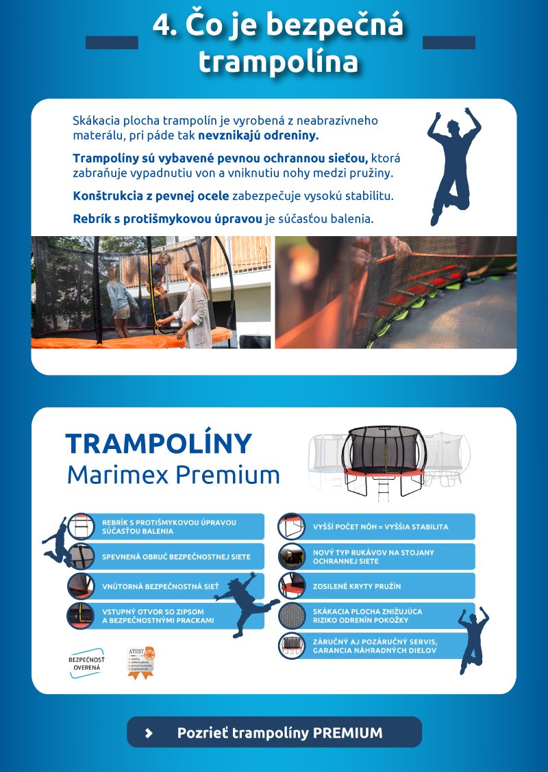 Čo je bezpečná trampolína. Predstavenie bezpečnej a stabilnej série: Trampolíny Marimex Premium. Tlačidlo: Prezrieť trampolíny PREMIUM.
