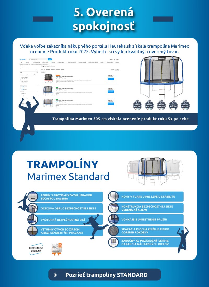 Spokojnosť overená zákazníkmi – ocenenie Produkt roku 2024 na portáli Heureka. Predstavenie spoľahlivej série: Trampolíny Marimex Standard. Tlačidlo: Prezrieť trampolíny STANDARD.