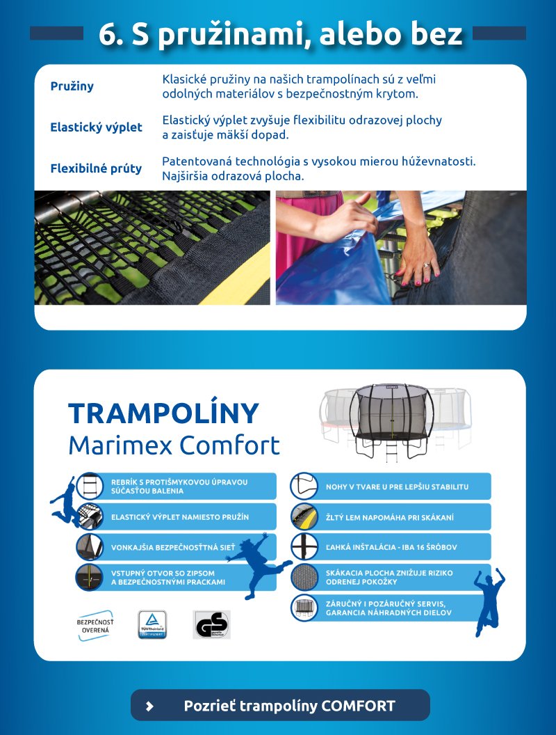 S pružinami, alebo bez? Porovnanie pružín a elastického výpletu. Predstavenie inovatívnej série: Trampolíny Marimex Comfort. Tlačidlo: Prezrieť trampolíny COMFORT.
