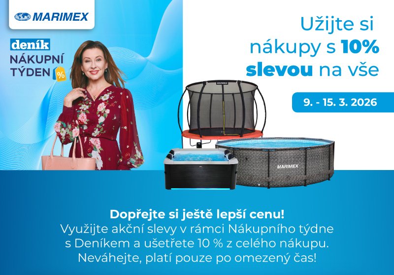 Akční nabídka Marimex: Nákupní týden s Deníkem. Sleva 10 % na celý sortiment od 9. do 15. 3. 2026. Na obrázku je bazén, vířivka a trampolína.