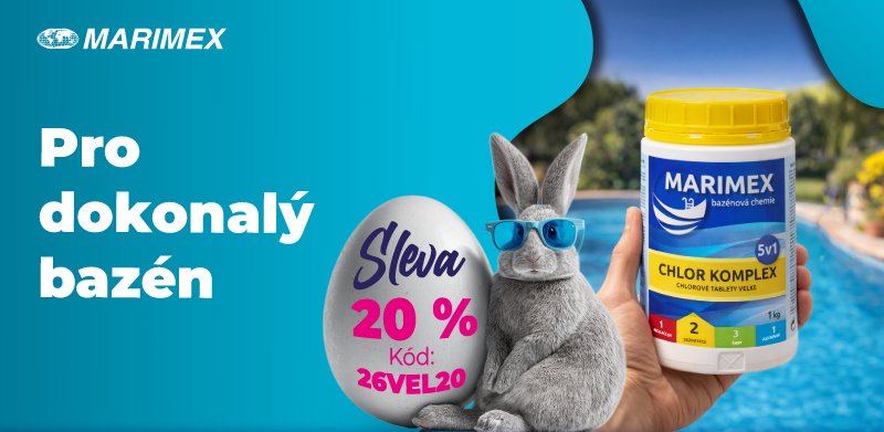Velikonoční akce na bazénovou chemii Marimex – sleva 20 % s kódem 26VEL20. Ilustrace velikonočního zajíčka s produktem Komplex Mini 3v1.
