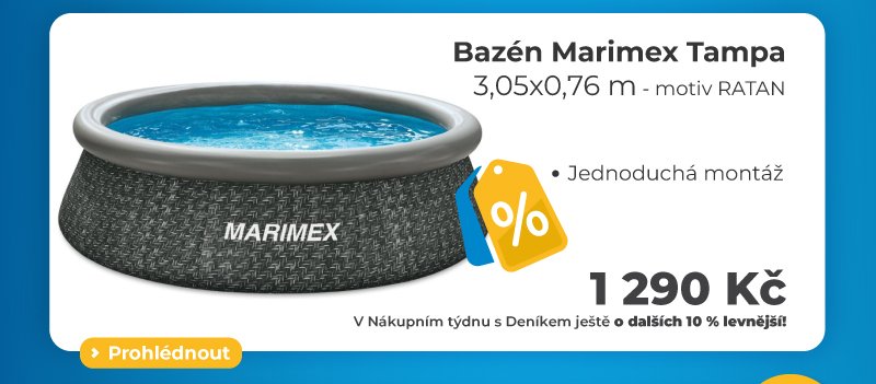 Nadzemní bazén Marimex Tampa (3,05 x 0,76 m) s ratanovým motivem. Snadná montáž, cena 1 290 Kč.