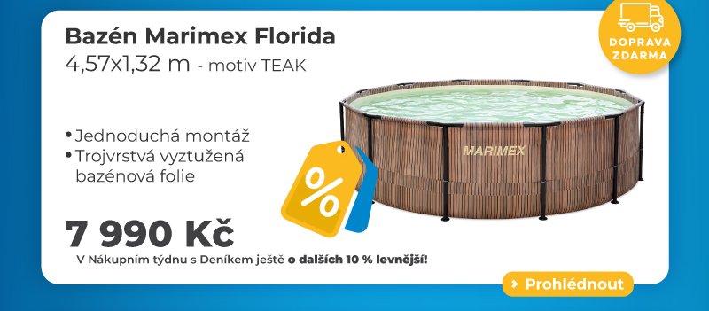 Nadzemní bazén Marimex Florida (4,57 x 1,32 m) s teakovaným motivem a vyztuženou fólií. Doprava zdarma, cena 7 990 Kč.
