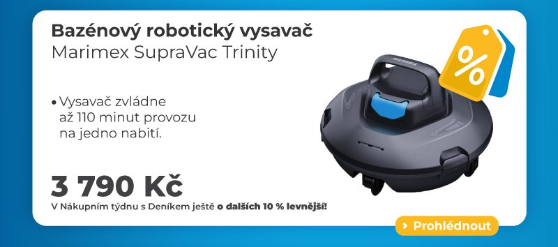 Bazénový robotický vysavač Marimex SupraVac Trinity s výdrží až 110 minut na jedno nabití. Cena 3 790 Kč.
