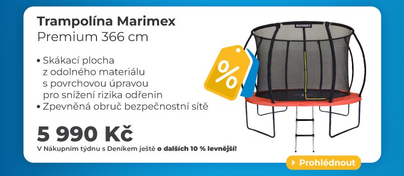 Trampolína Marimex Premium 366 cm se zpevněnou ochrannou sítí a odolnou skákací plochou. Cena 5 990 Kč.