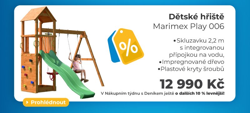 Dětské hřiště Marimex Play 006 z impregnovaného dřeva se skluzavkou o délce 2,2 m a houpačkami. Cena 12 990 Kč.