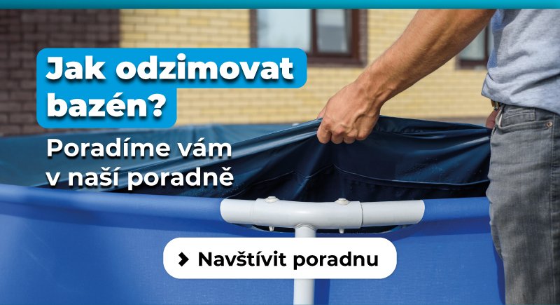 Sekce Rádce (Odzimování): Detailní pohled na odkrývání bazénu z plachty s textem: Jak správně odzimovat bazén? Poradíme vám v naší poradně.