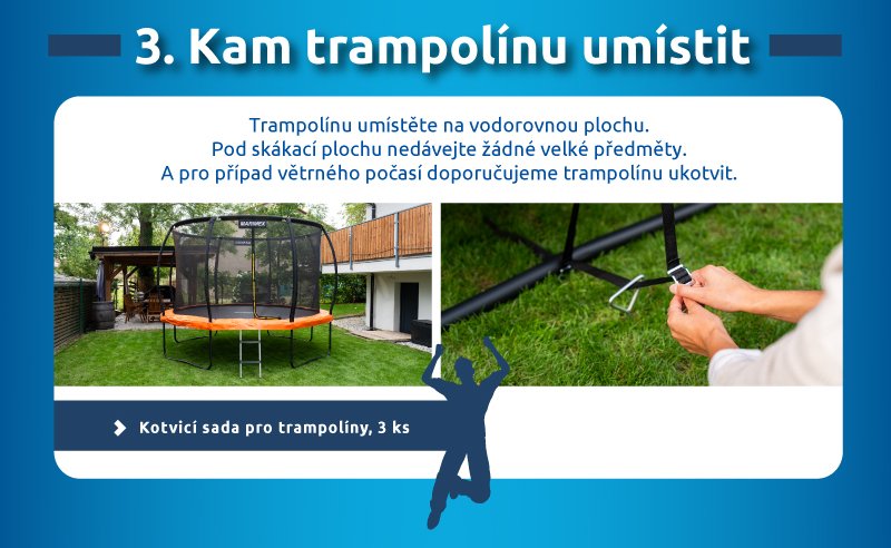 Kam trampolínu umístit. Tipy pro správné umístění na vodorovnou plochu a bezpečný prostor pod skákací plochou. Tlačítko: Kotvicí sada pro trampolíny, 3 ks.