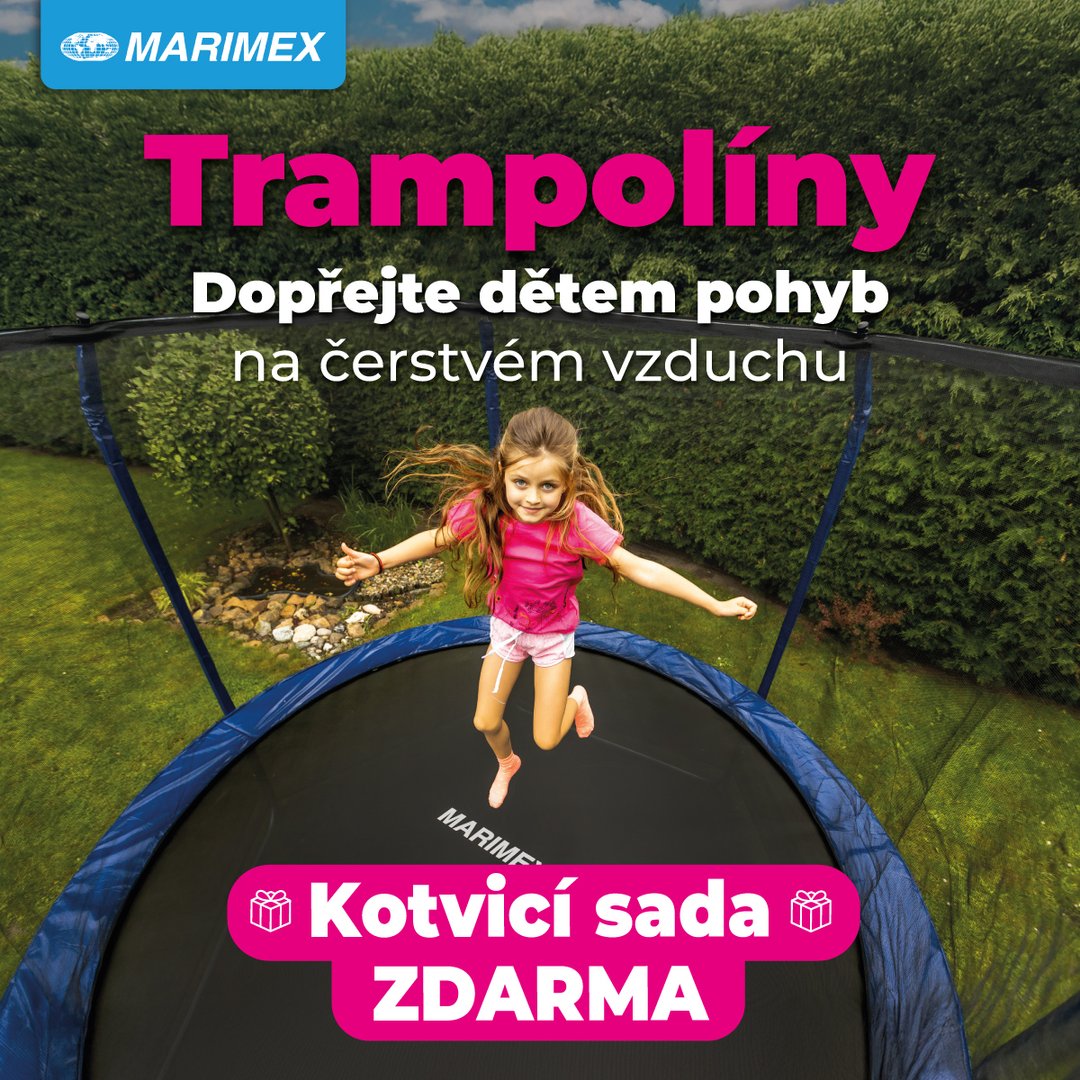 Dítě s úsměvem skákající na venkovní trampolíně. Text banneru: Značka Marimex. Trampolíny – Dopřejte dětem pohyb na čerstvém vzduchu. Kotvicí sada ZDARMA.