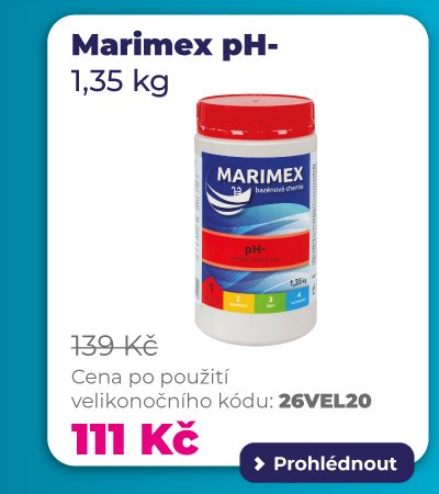 Marimex pH- (1,35 kg): Přípravek pro snížení hodnoty pH v bazénové vodě za 111 Kč.
