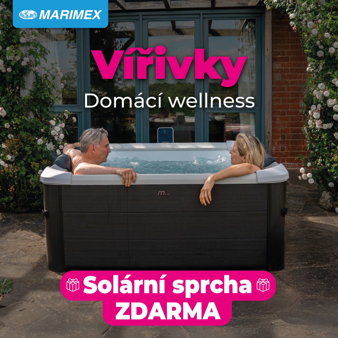 Pár relaxující v nafukovací vířivce pod zahradní bioklimatickou pergolou. Text banneru: Bioklimatická pergola pro pohodlí od jara do podzimu. Solární sprcha ZDARMA k vybraným produktům.