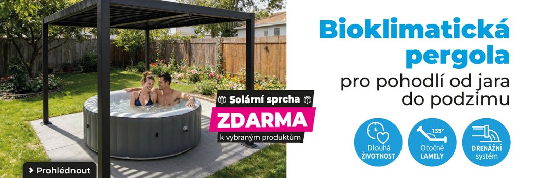 Muž a žena odpočívající ve venkovní vířivce na terase. Text banneru: Značka Marimex. Vířivky – Domácí wellness. Solární sprcha ZDARMA.