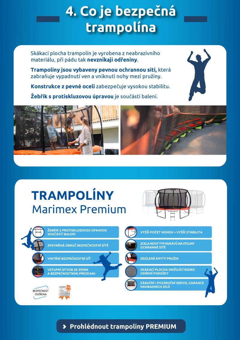 Co je bezpečná trampolína. Představení bezpečné a stabilní řady: Trampolíny Marimex Premium. Tlačítko: Prohlédnout trampolíny PREMIUM.