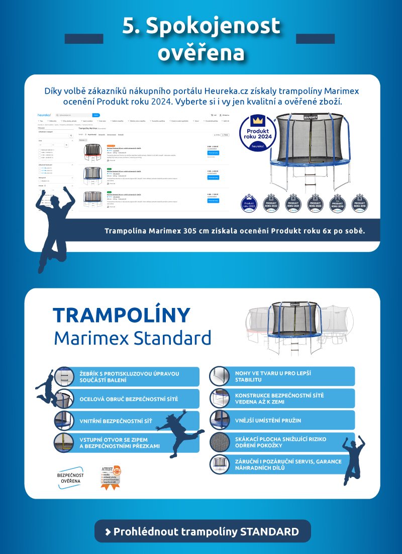 Spokojenost ověřena zákazníky – ocenění Produkt roku 2024 na Heureka.cz. Představení spolehlivé řady: Trampolíny Marimex Standard. Tlačítko: Prohlédnout trampolíny STANDARD.