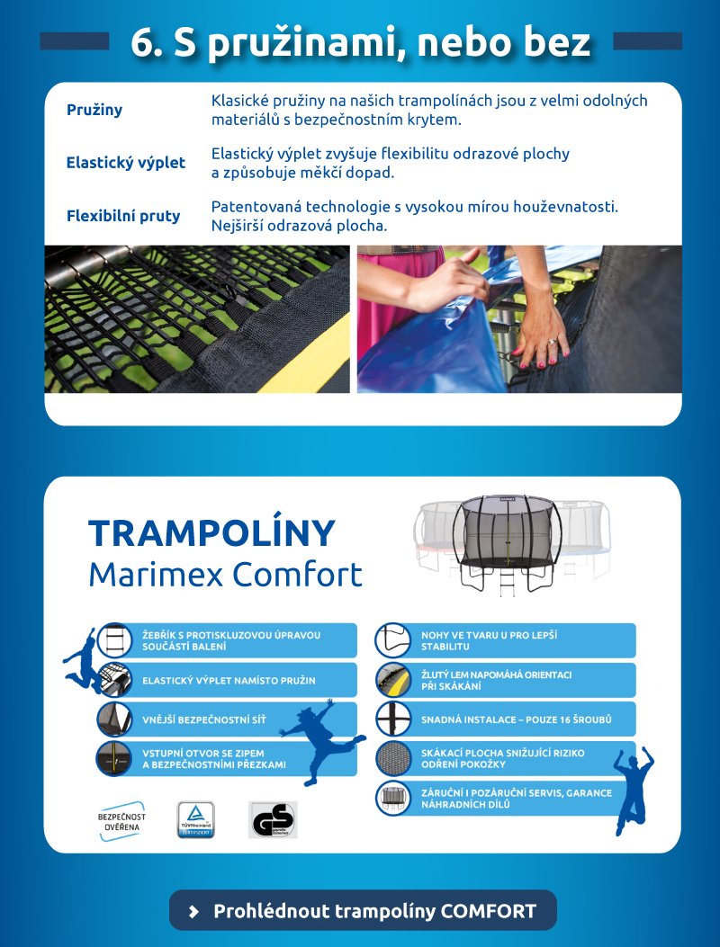 S pružinami, nebo bez? Srovnání pružin a elastického výpletu. Představení inovativní řady: Trampolíny Marimex Comfort. Tlačítko: Prohlédnout trampolíny COMFORT.